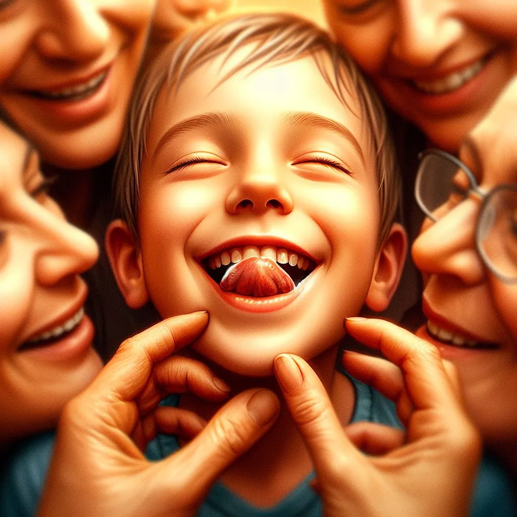 A boy surrounded by loved ones, his lips curved into a warm smile as he licks them reflexively while sharing stories and laughter. The image radiates warmth and familiarity, capturing the comfort and ease of familial bonds and prompting the question: what does it mean when a guy licks his lips?