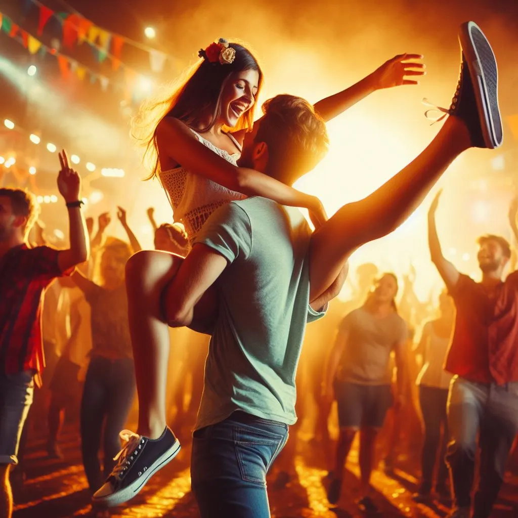 Amid a lively festival, envision the boy lifting the girl by her legs, capturing the joy of music and colorful celebrations. This image perfectly encapsulates the sense of laughter and shared delight, leaving us wondering, what does it mean when a guy bites your thigh.