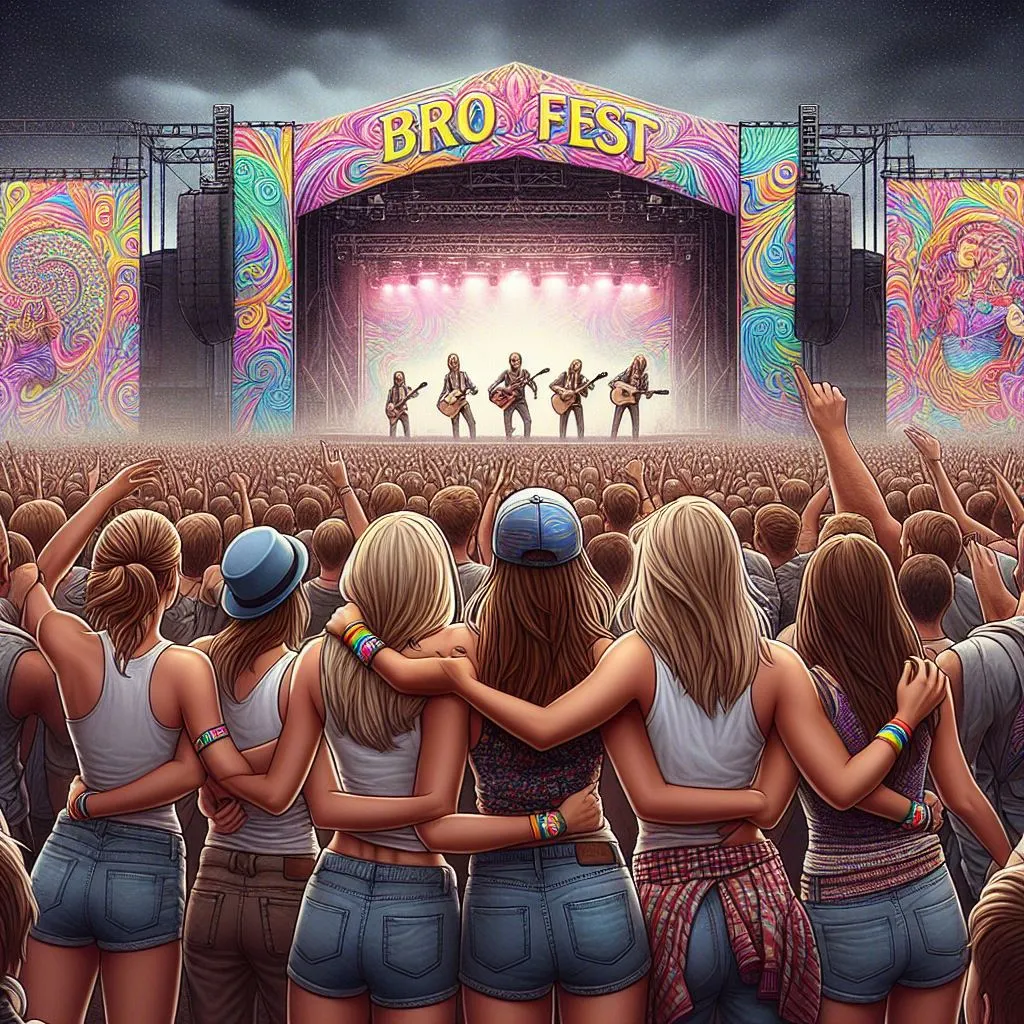 Amidst a lively music festival, a group of friends stands arm in arm, wearing matching "Bro Fest" wristbands. A colorful banner with the word "Bro" in psychedelic lettering hangs above the stage, symbolizing their friendship and prompting thoughts on "what does it mean when a guy calls you bro?