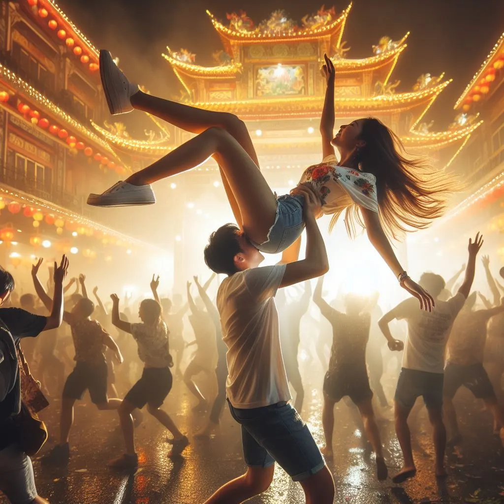 Amidst a lively festival, picture the boy lifting the girl by her legs, reveling in music and vibrant celebrations. The image captures shared excitement and laughter, prompting curiosity about what does it mean when a guy bites your thigh.