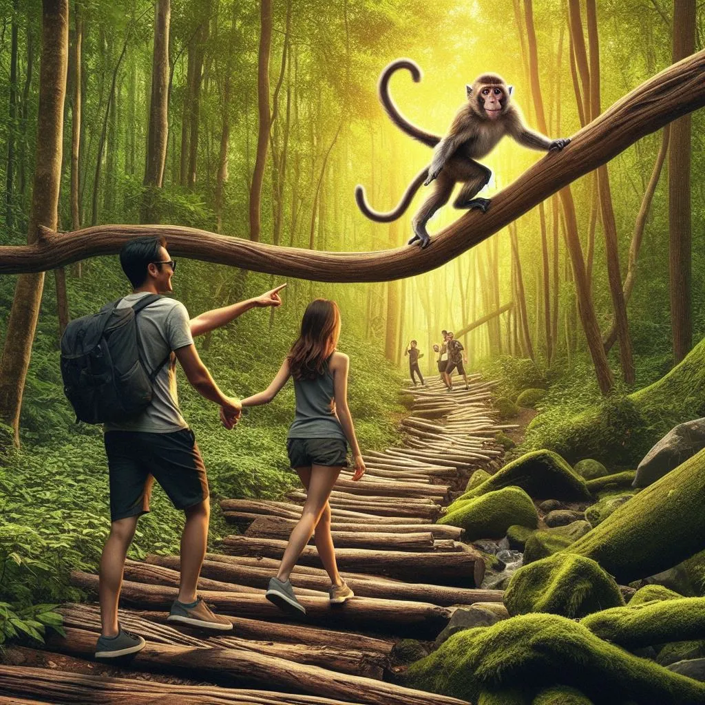 A couple hiking through a lush woodland, hand in hand. The boyfriend playfully compares his lady friend to a mischievous monkey, sparking curiosity approximately "What does it suggest when a man calls you monkey?