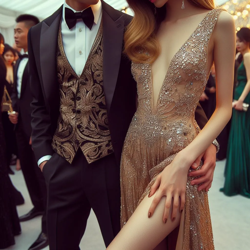 A couple attends a glamorous gala event, with the boyfriend's hand discreetly resting on his girlfriend's thigh.