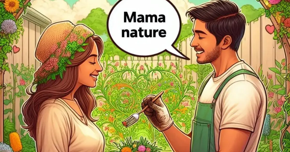 A couple tends to their garden on a sunny afternoon, with the boyfriend affectionately calling his girlfriend "Mama" as they plant flowers and vegetables, pondering the significance of "what does it mean when a guy calls you mama?