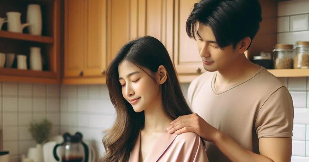 A couple shares a quiet morning in the kitchen, with the boyfriend offering his girlfriend a gentle shoulder rub as she prepares breakfast, sparking thoughts on "what does it mean when a guy rubs your back?