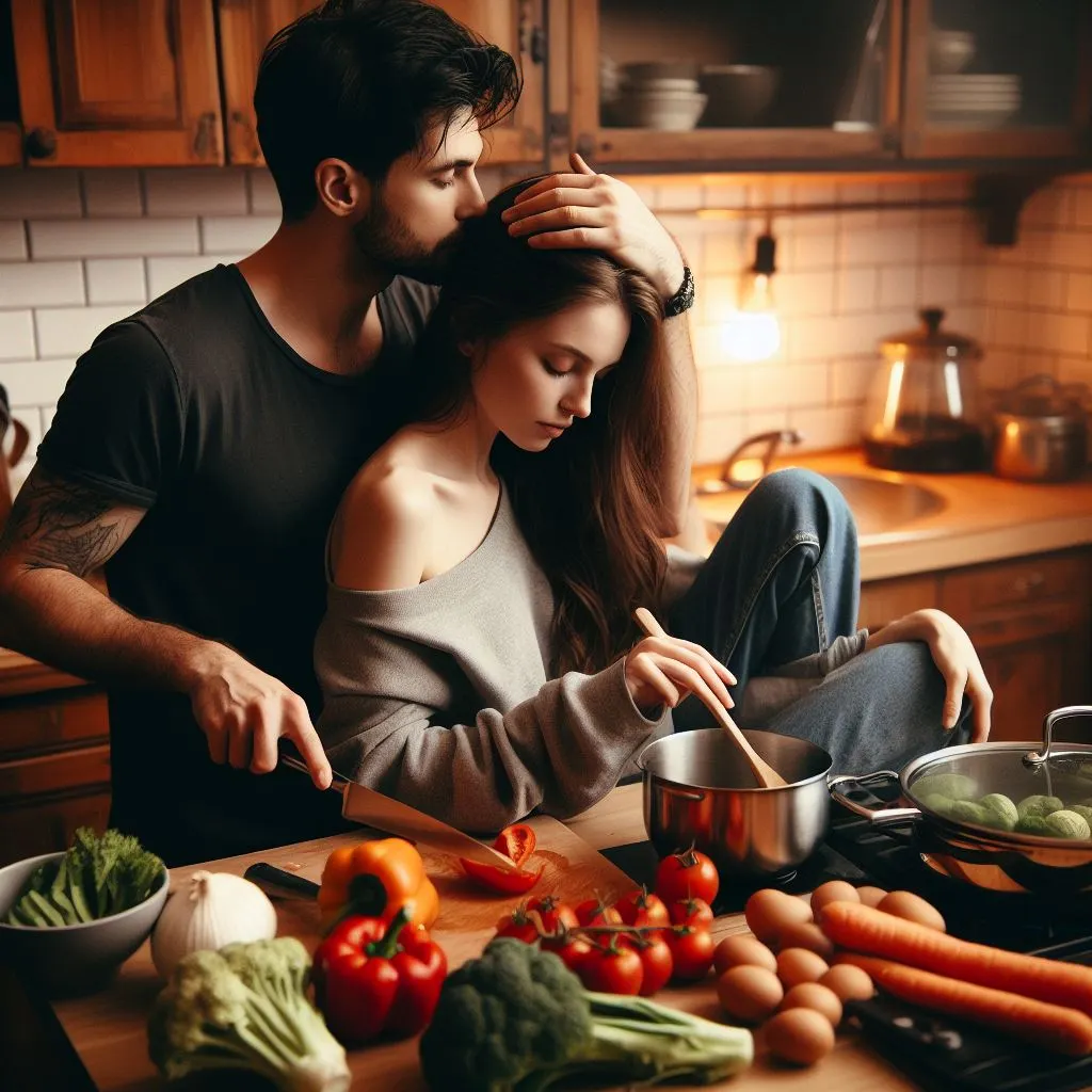 A couple cooking together in the kitchen, with the boyfriend tenderly caressing his girlfriend's head amidst the busyness of meal preparation.
