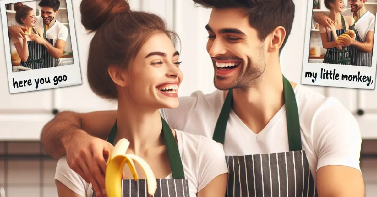 A couple in the kitchen, wearing aprons, preparing breakfast. The boyfriend playfully offers a banana to his girlfriend, calling her "monkey," sparking laughter and curiosity about what it means when a guy calls you monkey.