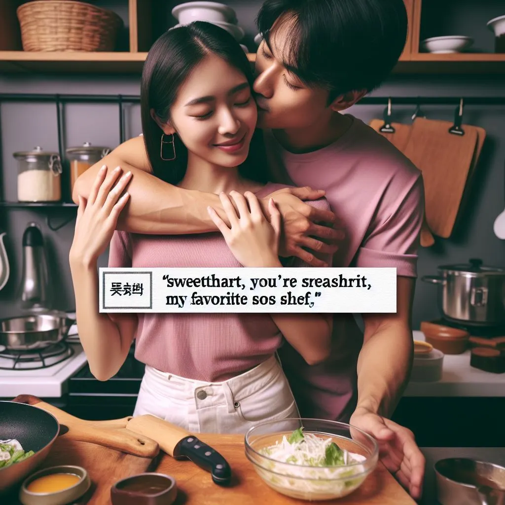 A couple shares a tender moment in the kitchen as the boyfriend affectionately calls his girlfriend "sweetheart," prompting thoughts on "what does it mean when a guy calls you sweetheart.