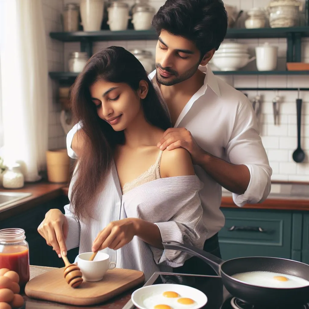 A couple shares a peaceful moment in the kitchen as the boyfriend gives his girlfriend a tender shoulder massage, prompting thoughts on "what does it mean when a guy rubs your back?