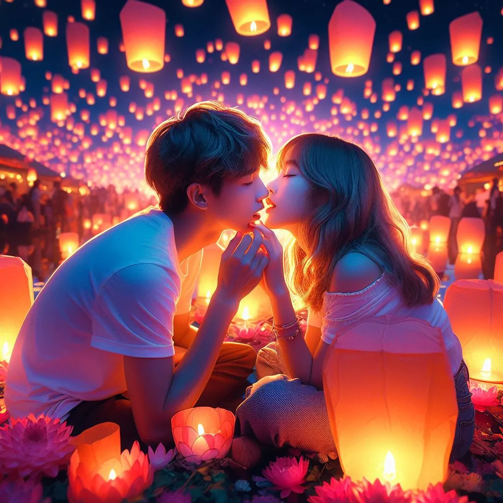 At a vibrant lantern festival, surrounded by floating lights, the couple shares a moment of connection. The boy's affectionate kiss and bite on the girl's hand add to the magical ambiance, prompting the question: what does it mean when a guy bites your hand?