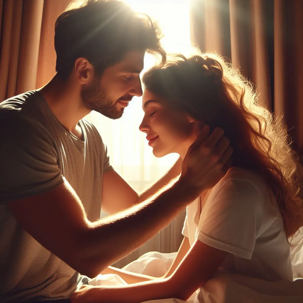 In a cozy bedroom bathed in morning sunlight filtering through the curtains, a mid-thirties couple shares a tender moment. The man lovingly runs his fingers through his girlfriend's hair, prompting thoughts on "What does it mean when a guy touches your hair?