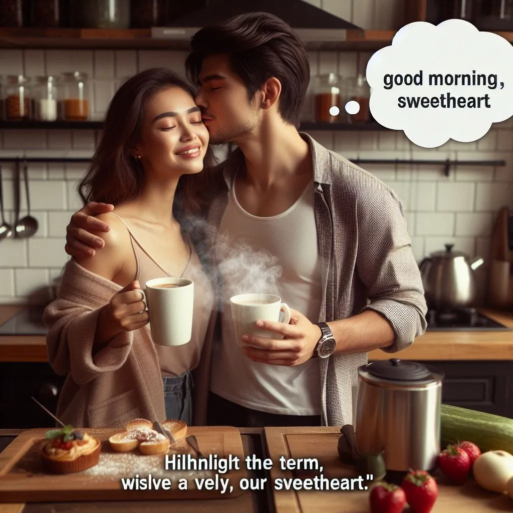 A couple shares a tender moment in the kitchen as the boyfriend affectionately calls his girlfriend "sweetheart," prompting thoughts on "what does it mean when a guy calls you sweetheart.
