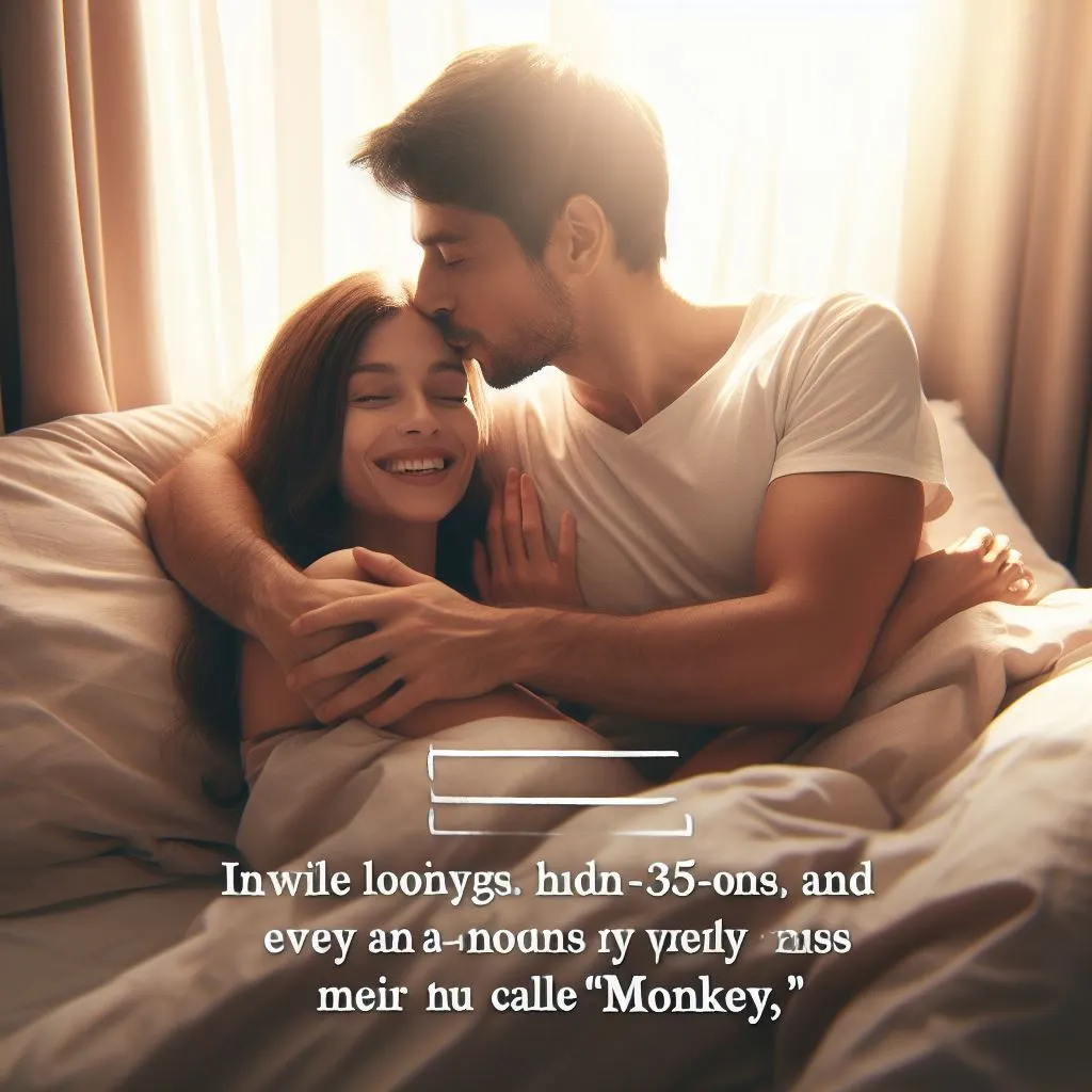 A 35-year-old couple cozied up in bed, sunlight streaming through the curtains. The boyfriend affectionately calls his girlfriend "monkey," planting gentle kisses on her forehead, prompting thoughts on "what does it mean when a guy calls you monkey.