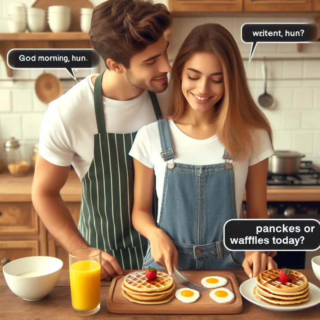 A couple stands side by side in the kitchen, discussing breakfast options. The boyfriend affectionately calls his partner "Hun," prompting thoughts on "what does it mean when a guy calls you hun.