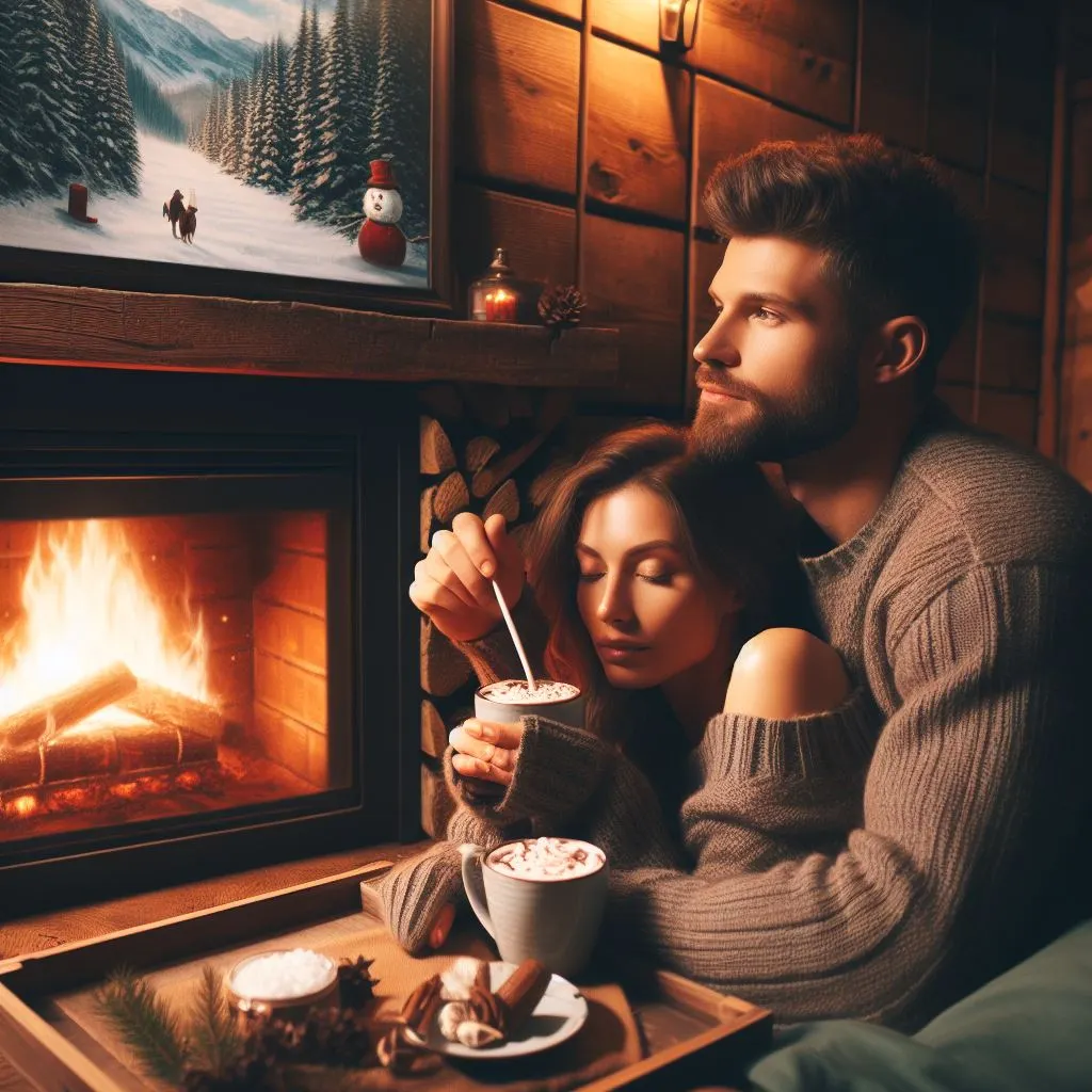 A couple enjoying a weekend retreat in a cozy mountain cabin. 