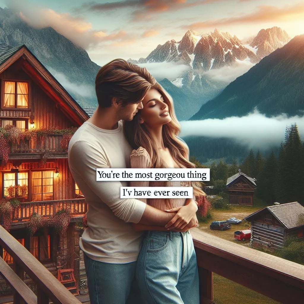 A couple stands on the balcony of a picturesque mountain cabin, surrounded with the aid of breathtaking surroundings. 