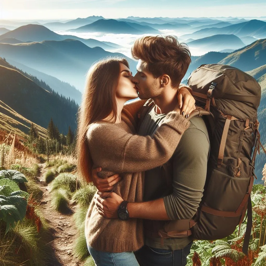 A couple hikes a scenic mountain trail, where the boyfriend initiates the kiss, prompting thoughts on "what does it mean when a guy kisses you first?