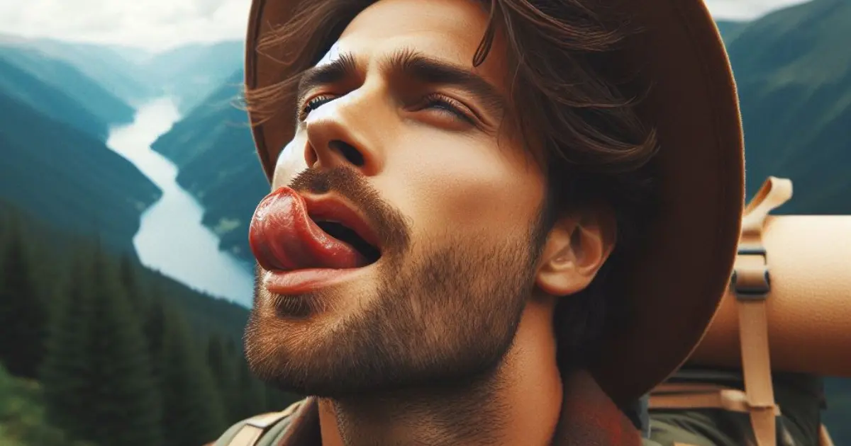 A 30-year-old explores the great outdoors, his lips tinged with excitement as he licks them in anticipation of adventures ahead. The image conveys a sense of freedom and exhilaration, highlighting the joy of experiencing new adventures and embracing the unknown, prompting the question: what does it mean when a guy licks his lips?