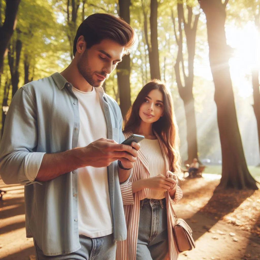 A couple walks in the park, pondering what does it mean when a guy texts you everyday as the man sends daily messages to his girlfriend.