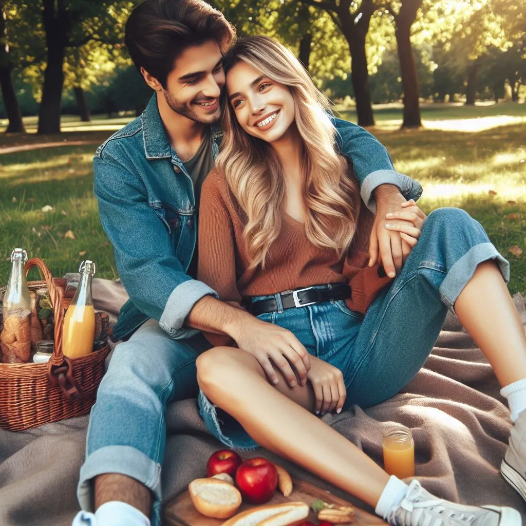 A couple enjoys a picnic in a lovely park. The boyfriend's hand lightly rests on his girlfriend's leg.