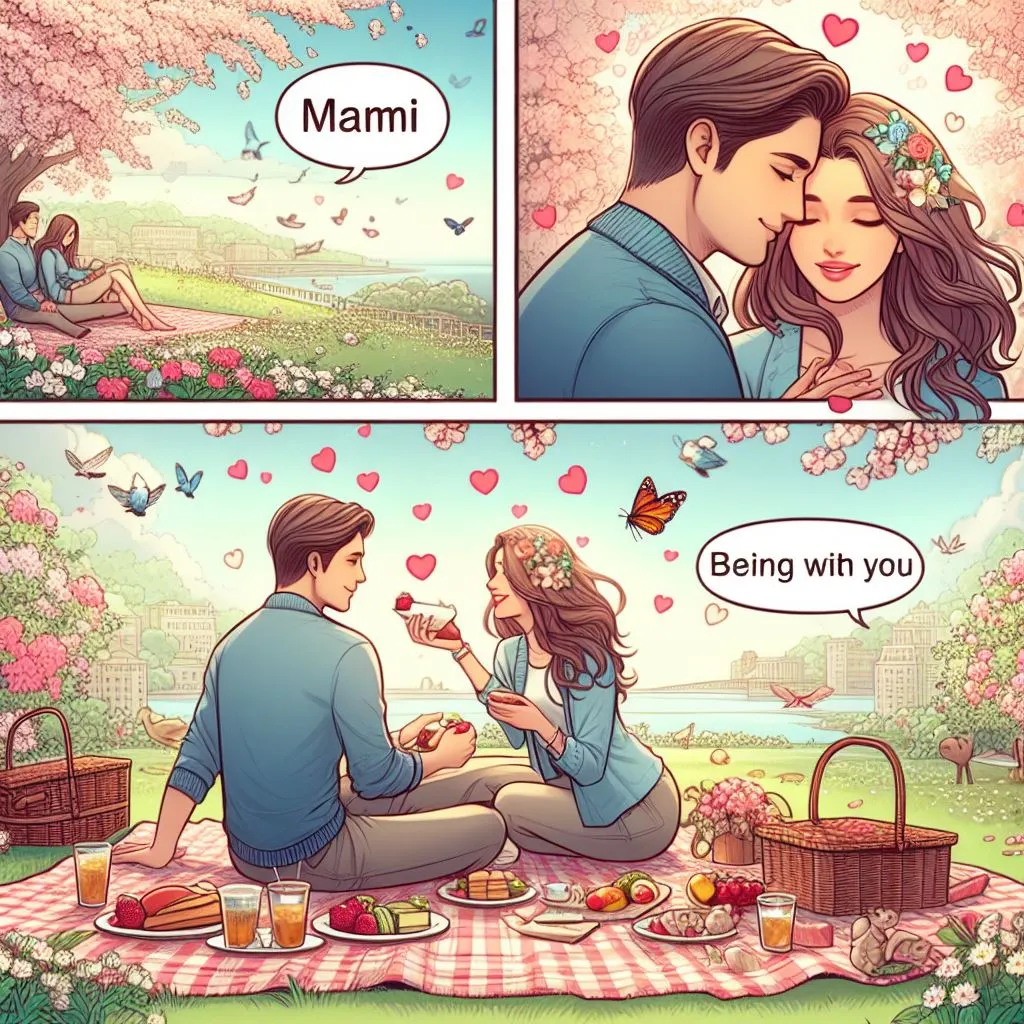 A couple enjoys a picnic in a scenic park, surrounded by blooming flora and chirping birds. The boyfriend affectionately calls his lady friend "Mami," sparking thoughts on "what does it imply while a man calls you mami.