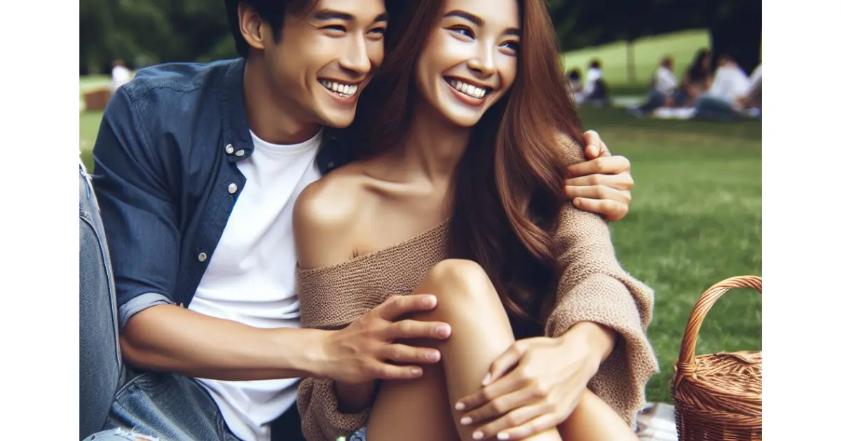 A couple enjoys a picnic in a picturesque park. The boyfriend's hand rests on his girlfriend's thigh, prompting thoughts on "what does it mean when a guy grabs your thigh?