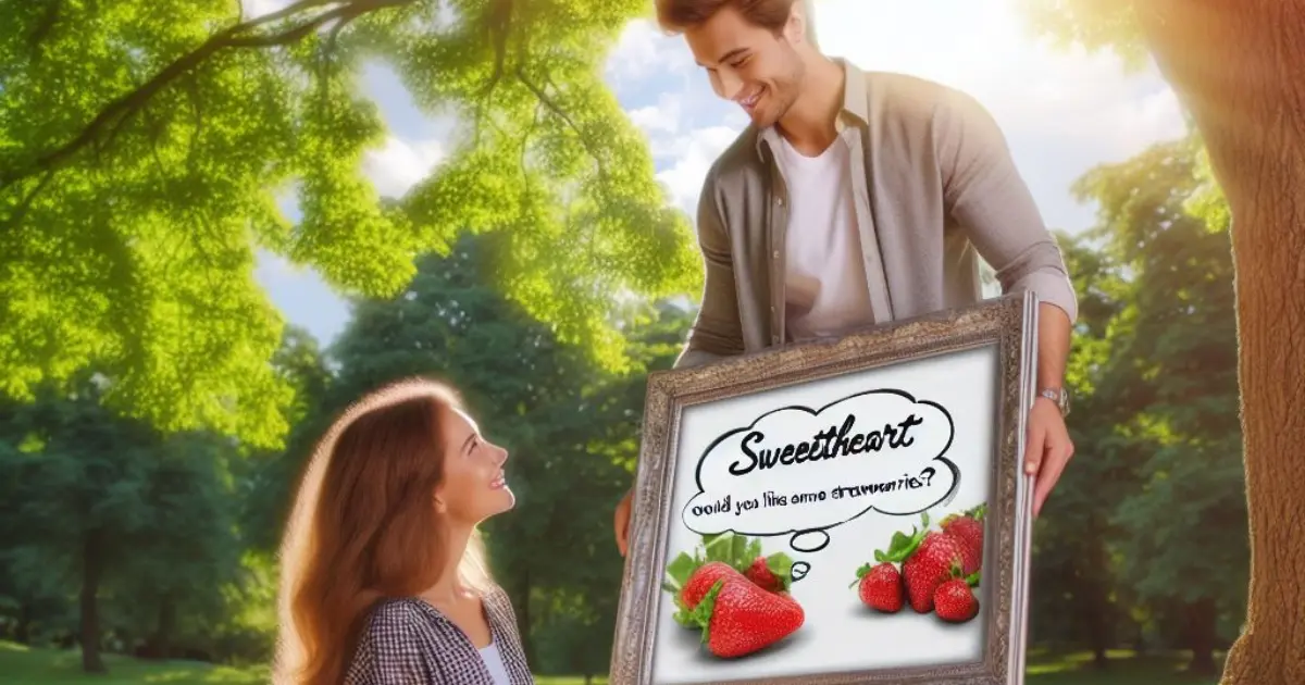 A couple enjoys a sunny day in the park, spreading out a checkered blanket under a shady tree. The boyfriend affectionately calls his girlfriend "sweetheart" as they share a romantic picnic, prompting thoughts on "what does it mean when a guy calls you sweetheart.