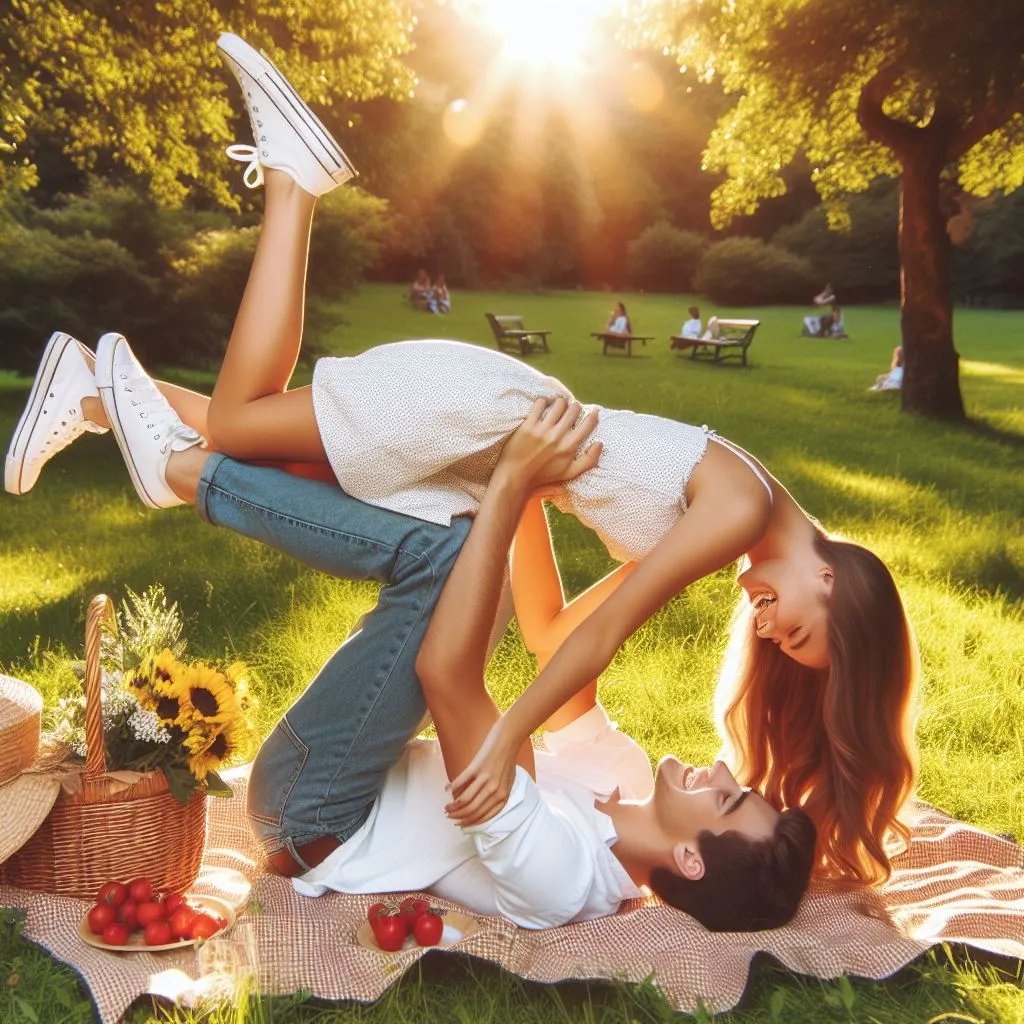 Picture a sun-drenched park where the boy playfully holds the girl upside down from her legs during a picnic. Their laughter echoes through the greenery, capturing a joyful moment of togetherness, and prompting the question: what does it mean when a guy bites your thigh?