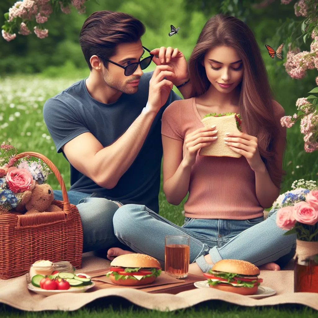 A couple enjoying a picnic in a tranquil park, surrounded by blooming vegetation and chirping birds. 