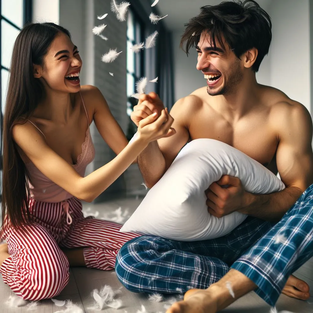 A couple playfully engages in a pillow fight in their pajamas, giggling like teenagers. The boyfriend teasingly remarks, "You're too soft on me," with a mischievous twinkle in his eye, sparking thoughts on "what does it mean when a guy calls you soft.