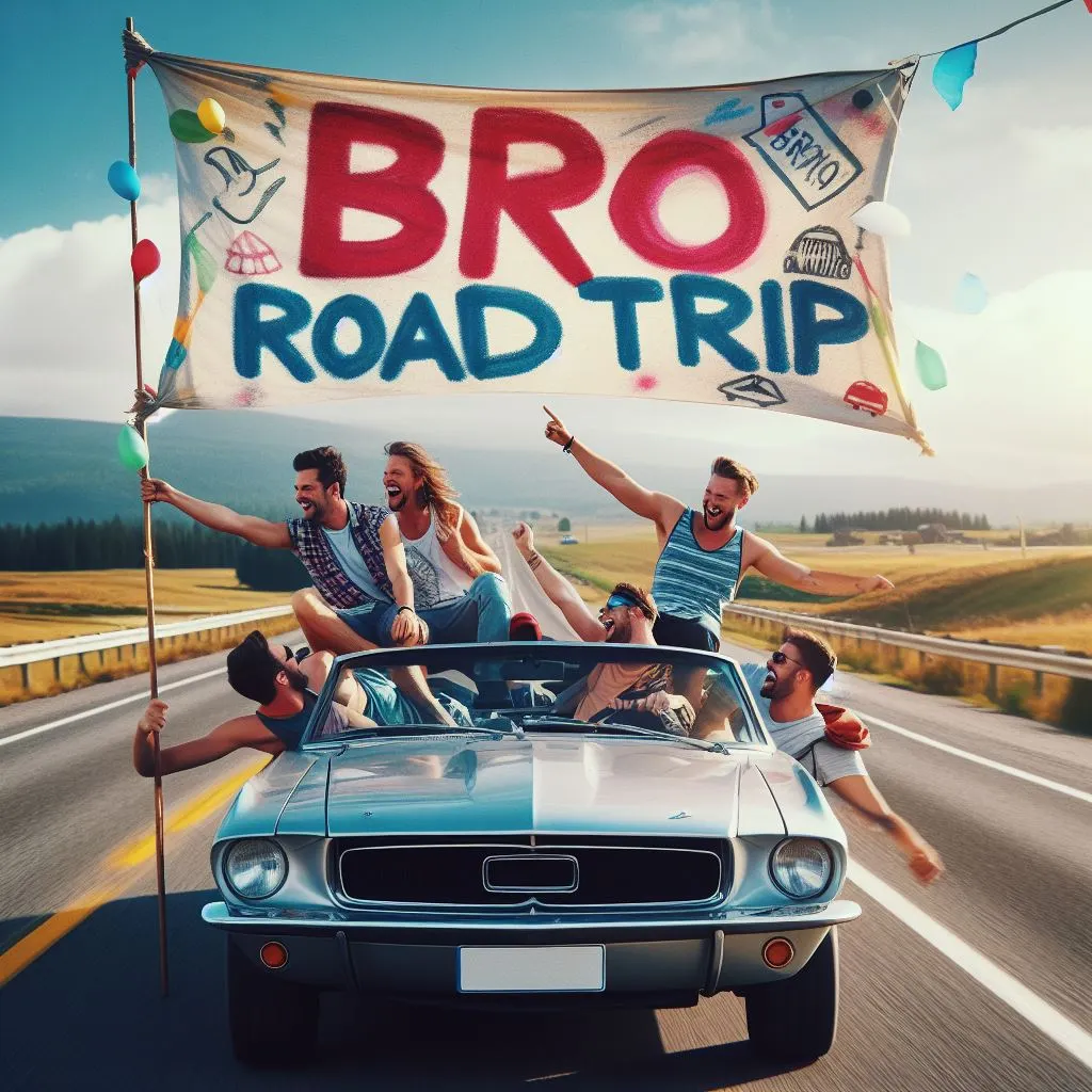 A convertible cruises down an open dual carriageway with friends piled in the backseat, giggling and singing alongside.  A homemade banner tied to the car reads "Bro Road Trip," with the word "Bro" painted in vibrant colors, symbolizing their friendship and adventure, sparking thoughts on "what does it mean when a guy calls you bro?