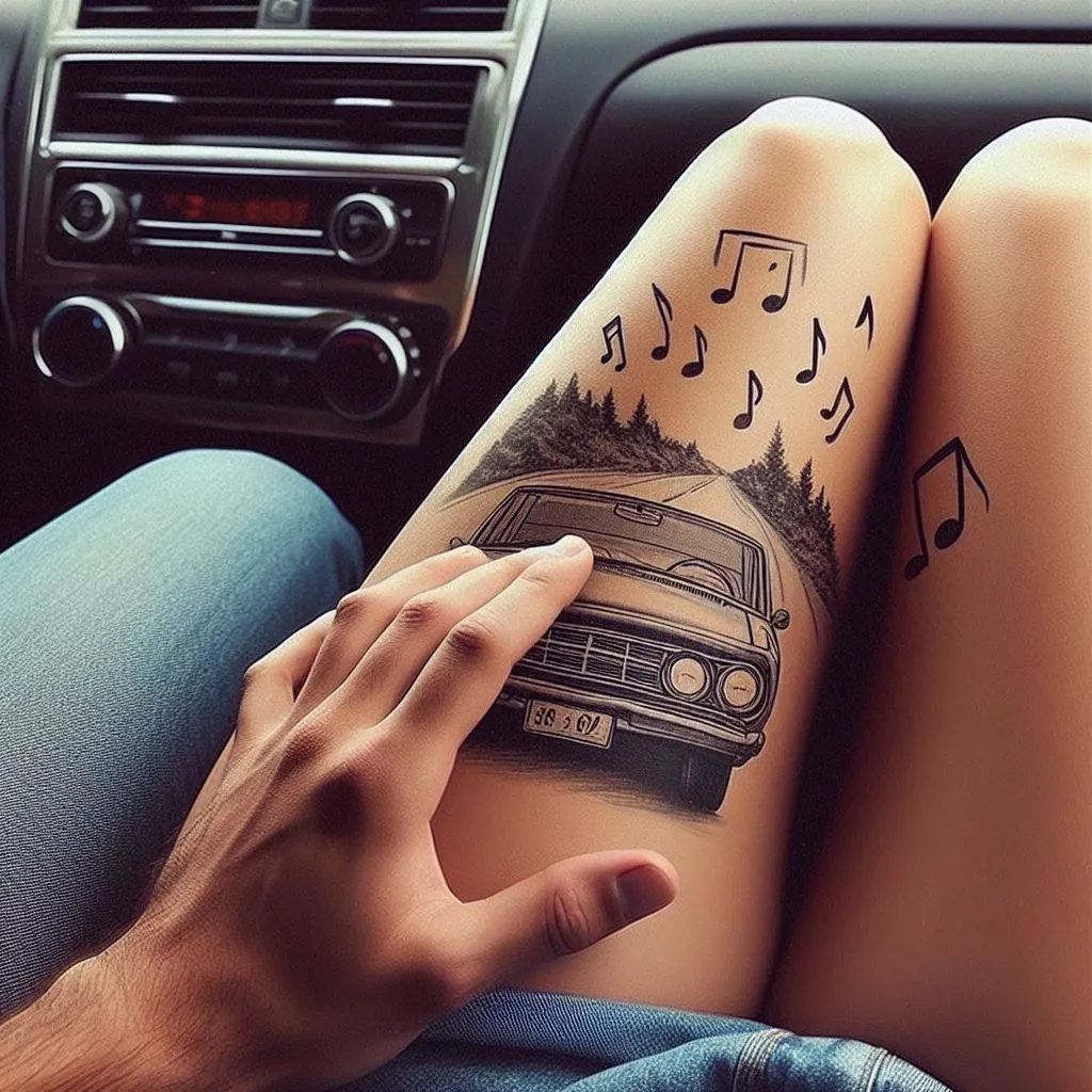 A couple enjoys a spontaneous road trip, with the boyfriend's hand resting on his girlfriend's thigh.