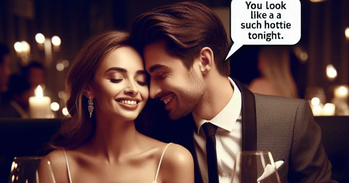 A couple dressed elegantly enjoys a candlelit dinner at a fancy restaurant. The boyfriend's compliment, calling his girlfriend a "hottie," ignites curiosity about what it means when a guy calls you hottie.