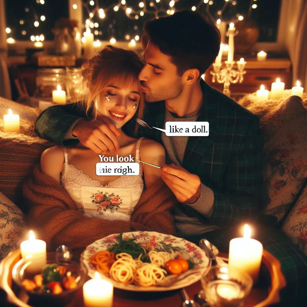With candlelight flashing all around them, the pair huddled together on the couch. The man surprises his companion with a homemade dinner, served on vintage plates decorated with sensitive floral styles. As they share laughter and stories, he leans in to kiss her forehead, murmuring, 'You look like a doll tonight.' What does it mean when a guy calls you doll?