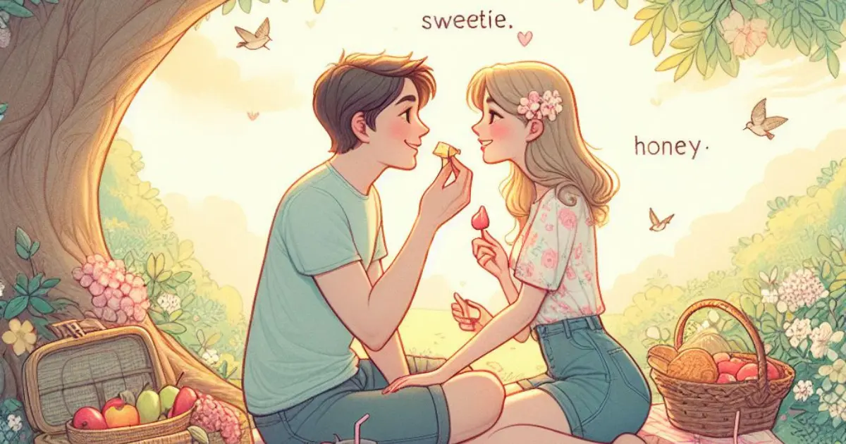 A couple enjoys a picnic under a tree, surrounded by blooming flowers and chirping birds. The boyfriend affectionately calls his partner "Sweetie," sparking thoughts on "what does it mean when a guy calls you honey and sweetie?