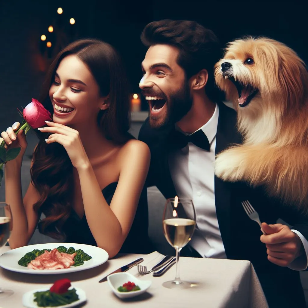Amidst a romantic dinner, the couple shares an intimate atmosphere. The guy surprises the girl with a playful bark, prompting the question: what does it mean when a guy barks at you?
