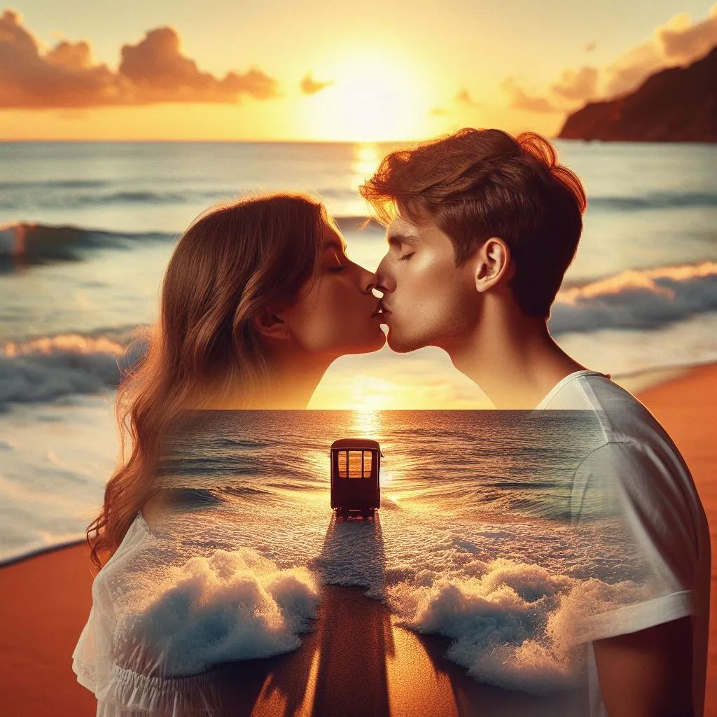 Transported to a serene beach at sunset, the couple shares a passionate kiss. With waves gently crashing in the background, the image captures the essence of a romantic seaside embrace.