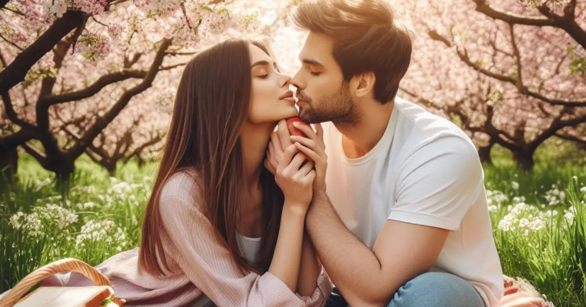 A couple enjoying a picnic in a blooming garden. The boyfriend leans in to steal a kiss, breathing in the sweet fragrance of flowers mingled with the subtle scent of his girlfriend's skin. What does it mean when a guy smells you?