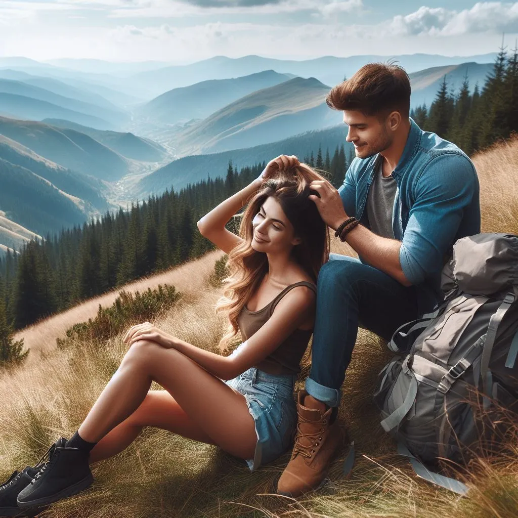 A couple taking damage on a scenic mountain path, with the boyfriend sitting at the back of his female friend, gently walking his hands through her hair as they enjoy the breathtaking perspectives of nature. What does it imply whilst a man strokes your hair?