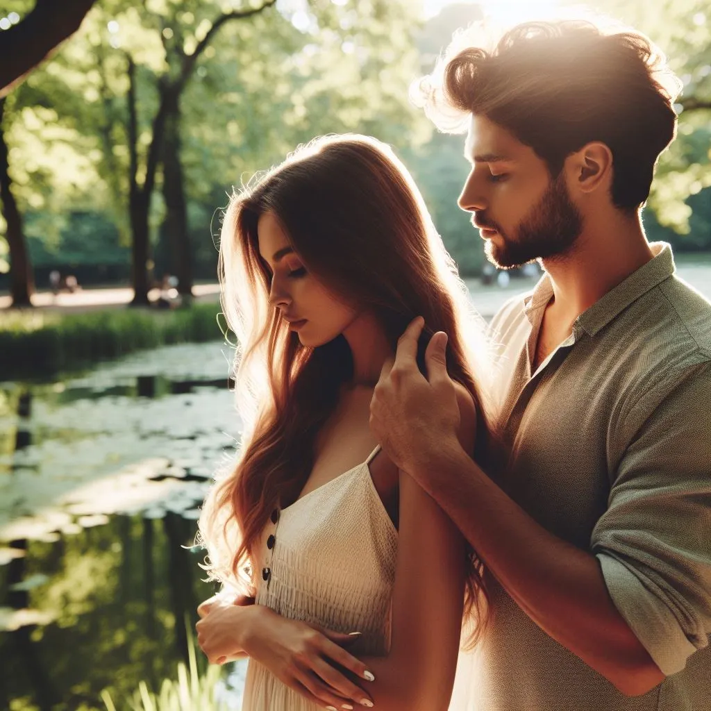 A couple walking in a tranquil park with intertwined arms, mottled shadows cast on their features by the filtering sunlight. Beside a serene pond, the man gives his girlfriend a gentle pat on the head in a calm atmosphere. What does it imply whilst a guy gives you a mild pat on the top?