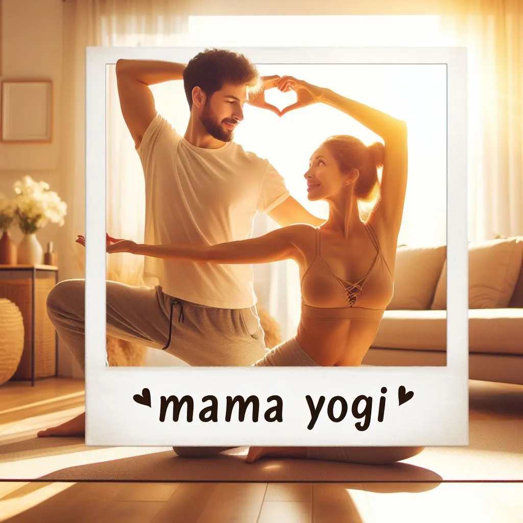 A couple practices yoga together in their sunlit living room, with the boyfriend affectionately calling his girlfriend "Mama" as they stretch and breathe in sync, pondering the significance of "what does it mean when a guy calls you mama?