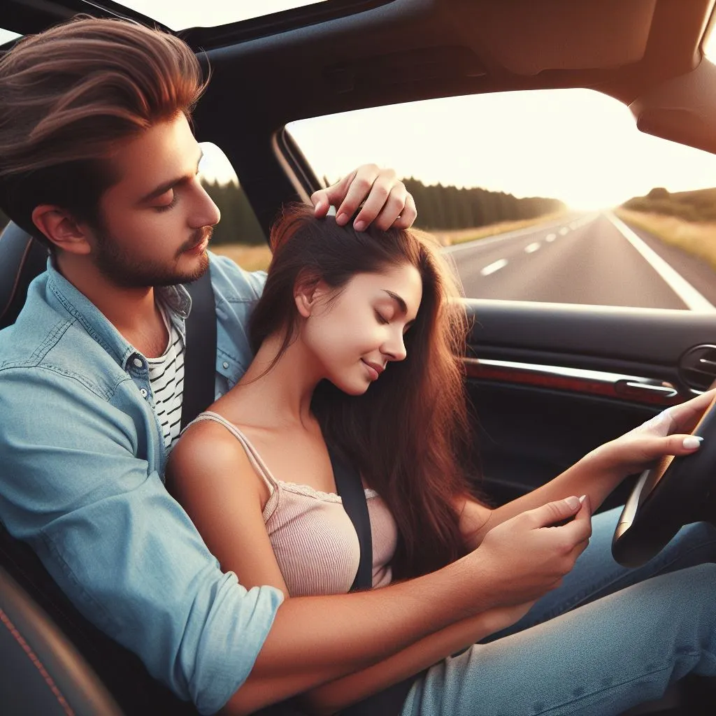 A couple on a spontaneous road trip, with the boyfriend reaching over to stroke his girlfriend's hair as they drive along the open avenue, their faces filled with excitement and anticipation.