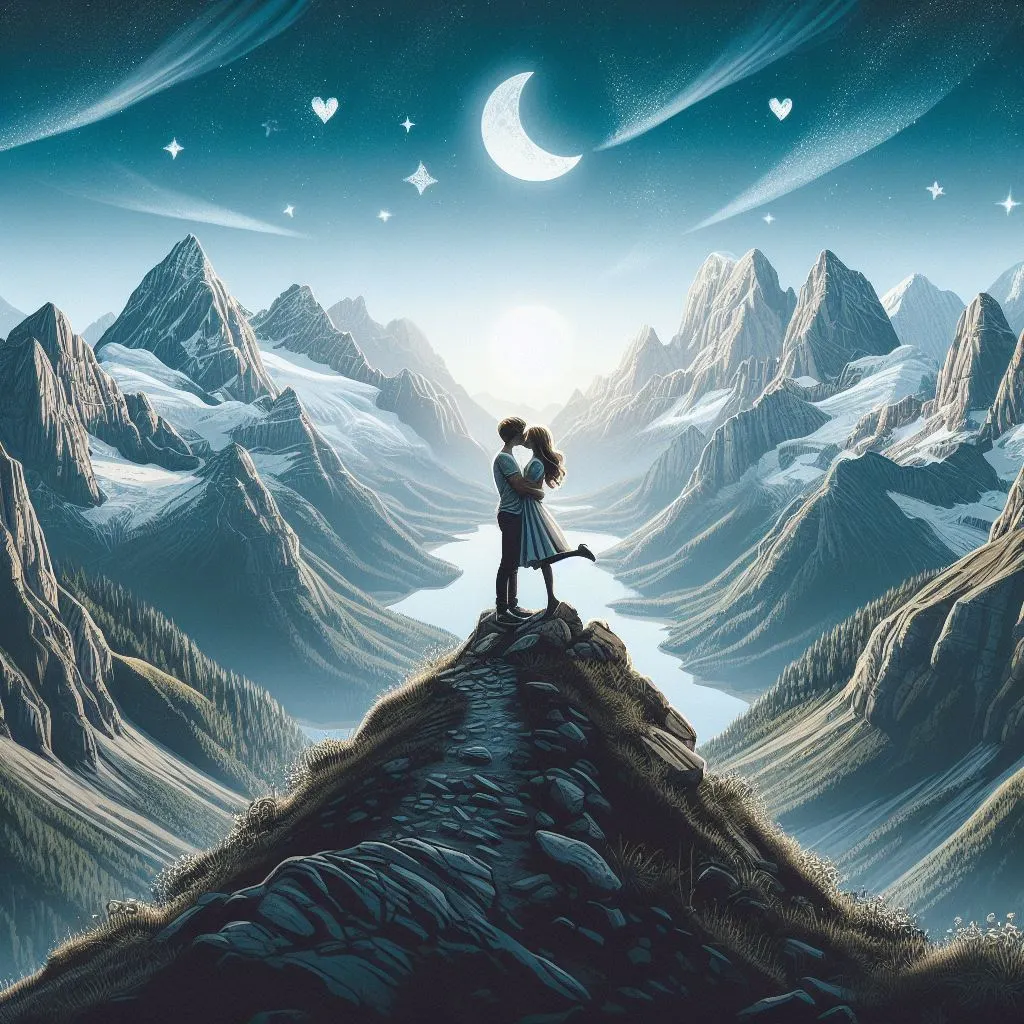 At a majestic mountain peak, the couple shares a kiss surrounded by awe-inspiring landscapes. The boy's kiss symbolizes conquering heights together, creating a moment of pure connection amidst nature's grandeur.
