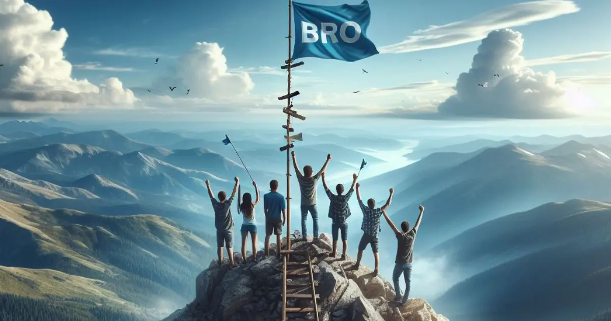 A group of friends celebrating atop a towering mountain summit, with a flag bearing the word "Bro" flying proudly in the wind, signifying the camaraderie and support among them, prompting thoughts on "what does it mean when a guy calls you bro?