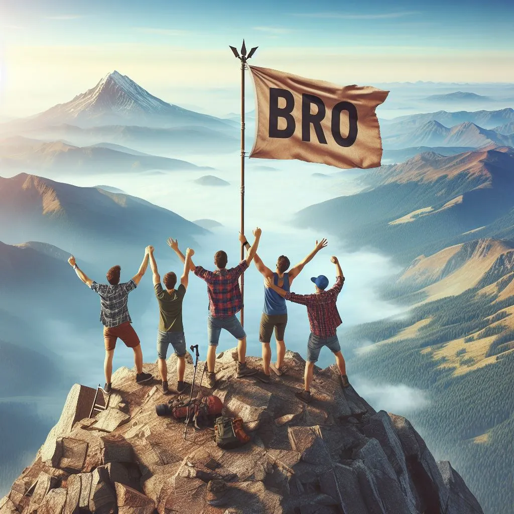 A group of friends celebrates atop a towering mountain summit, raising their arms in triumph. A flag with the word "Bro" flies proudly, symbolizing friendship and camaraderie, prompting thoughts on "what does it mean when a guy calls you bro?