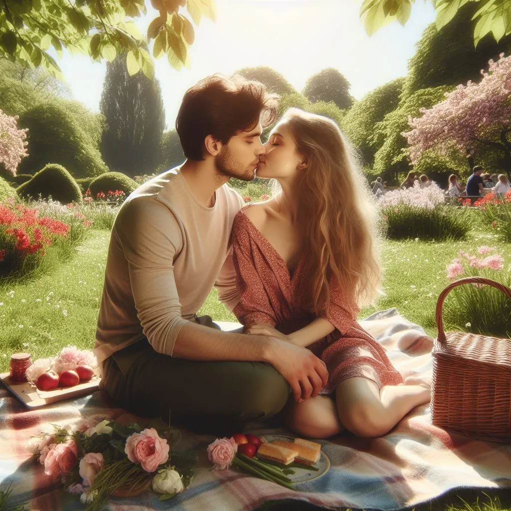 A couple enjoys a picnic on a sunlit blanket in a park surrounded by blossoming flowers. The boyfriend initiates the kiss, prompting thoughts on "what does it mean when a guy kisses you first?
