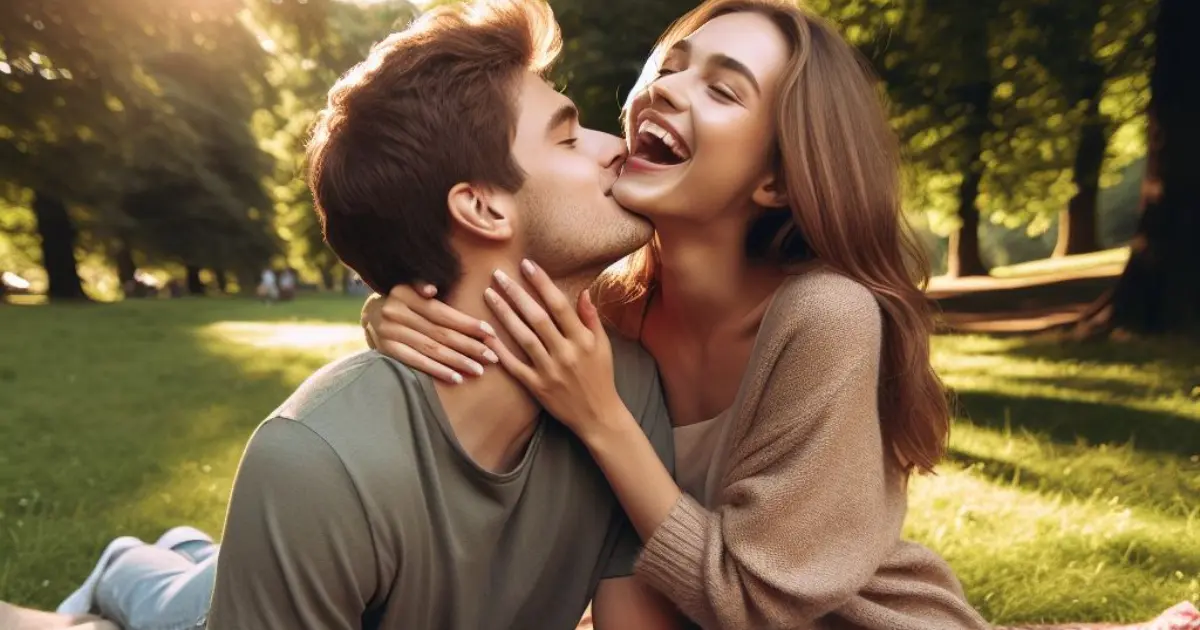 Amidst a scenic park, the couple shares a joyous picnic. Laughter echoes as the boy surprises the girl with a playful neck kiss, prompting the question: what does it mean when a guy bites your neck?