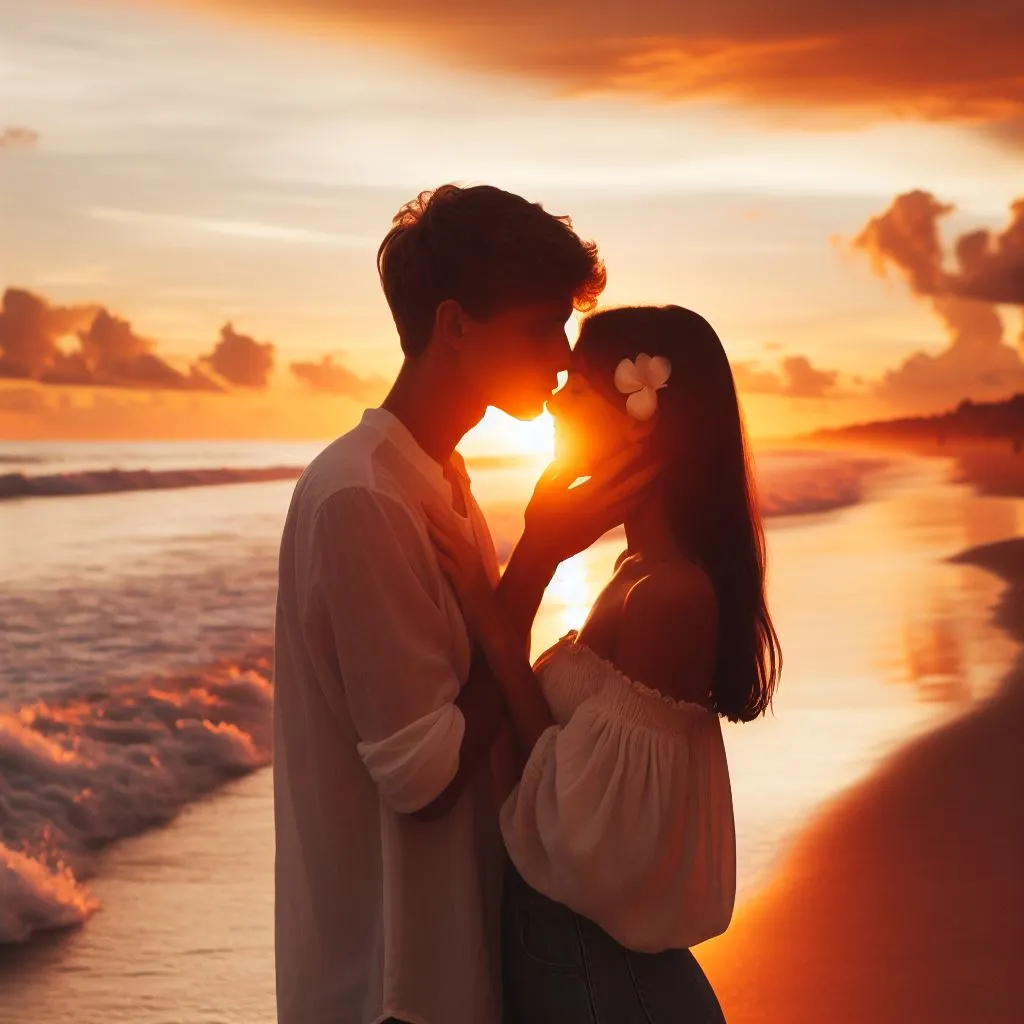 A couple stands on a beach at sunset, the warm glow of the fading sun casting a romantic atmosphere. The boyfriend kisses his female friend first on the forehead, prompting thoughts on "What does it suggest when a man kisses you first?