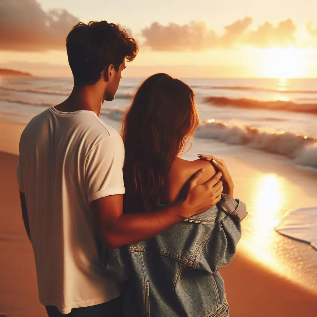 A couple walks along the sandy shore at sunset, where the boyfriend gently rubs his girlfriend's back, prompting thoughts on "what does it mean when a guy rubs your back?