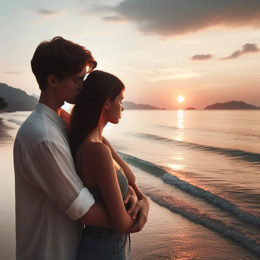 On a serene beach, the couple shares a moment. Embraced from behind, the boy plants a lingering neck kiss, sparking the question: what does it mean when a guy bites your neck?