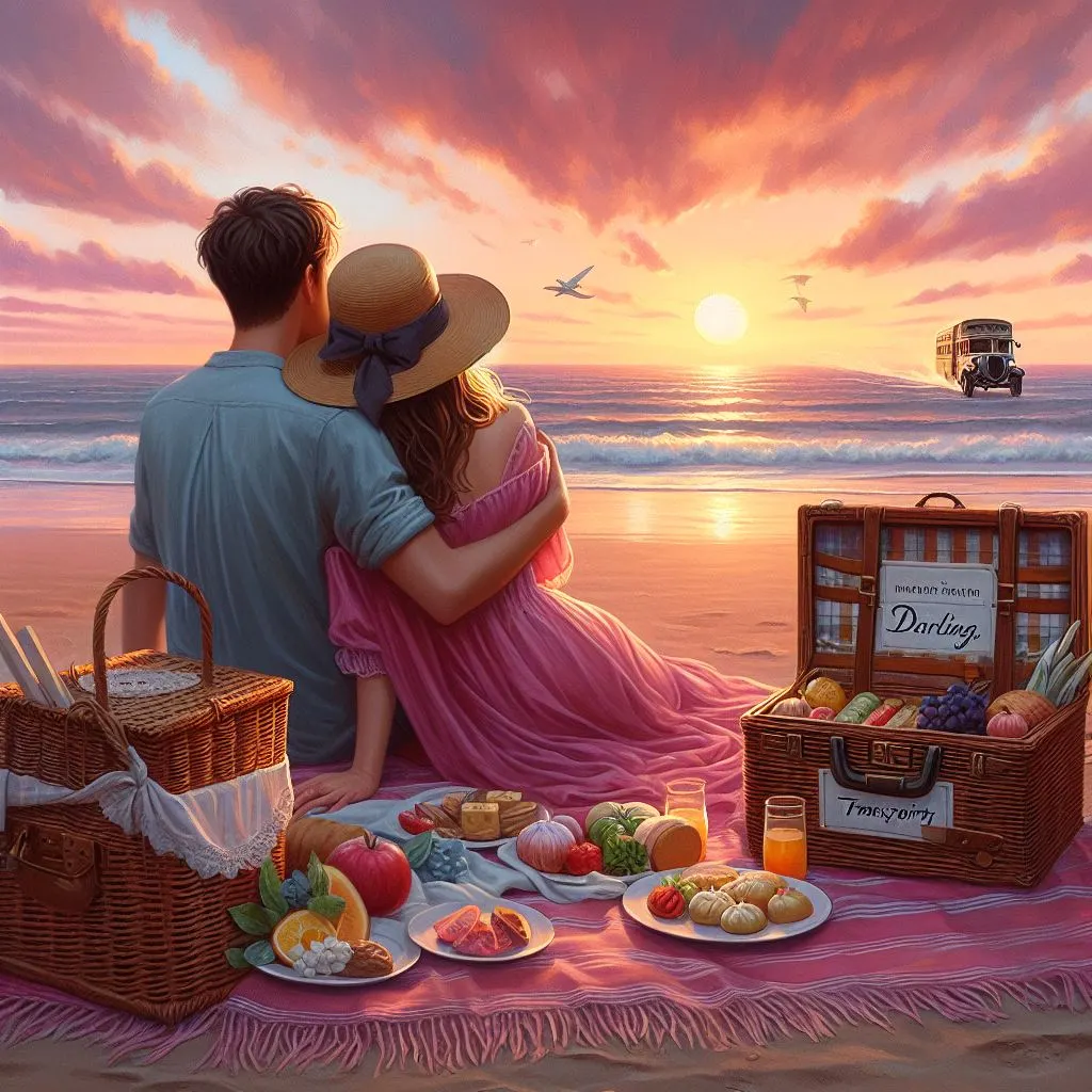 A couple enjoys a romantic picnic on a secluded seaside at sundown. The boyfriend whispers "Darling" to his girlfriend, prompting his mind on "what does it suggest when a guy calls you darling?